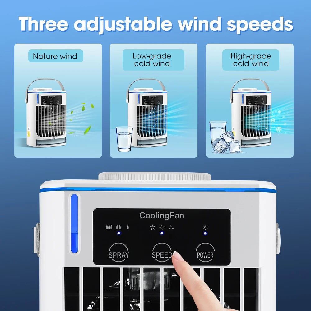 Portable Air Conditioner Mini Fan Cooler with USB charging, featuring a sleek design and adjustable wind speeds.