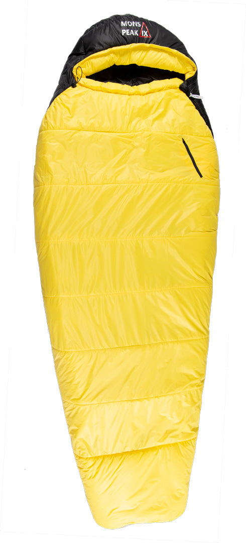 Settler 15 F sleeping bag displayed outdoors, showcasing its dual zippers, soft nylon fabric, and hood with cinch draw cords.