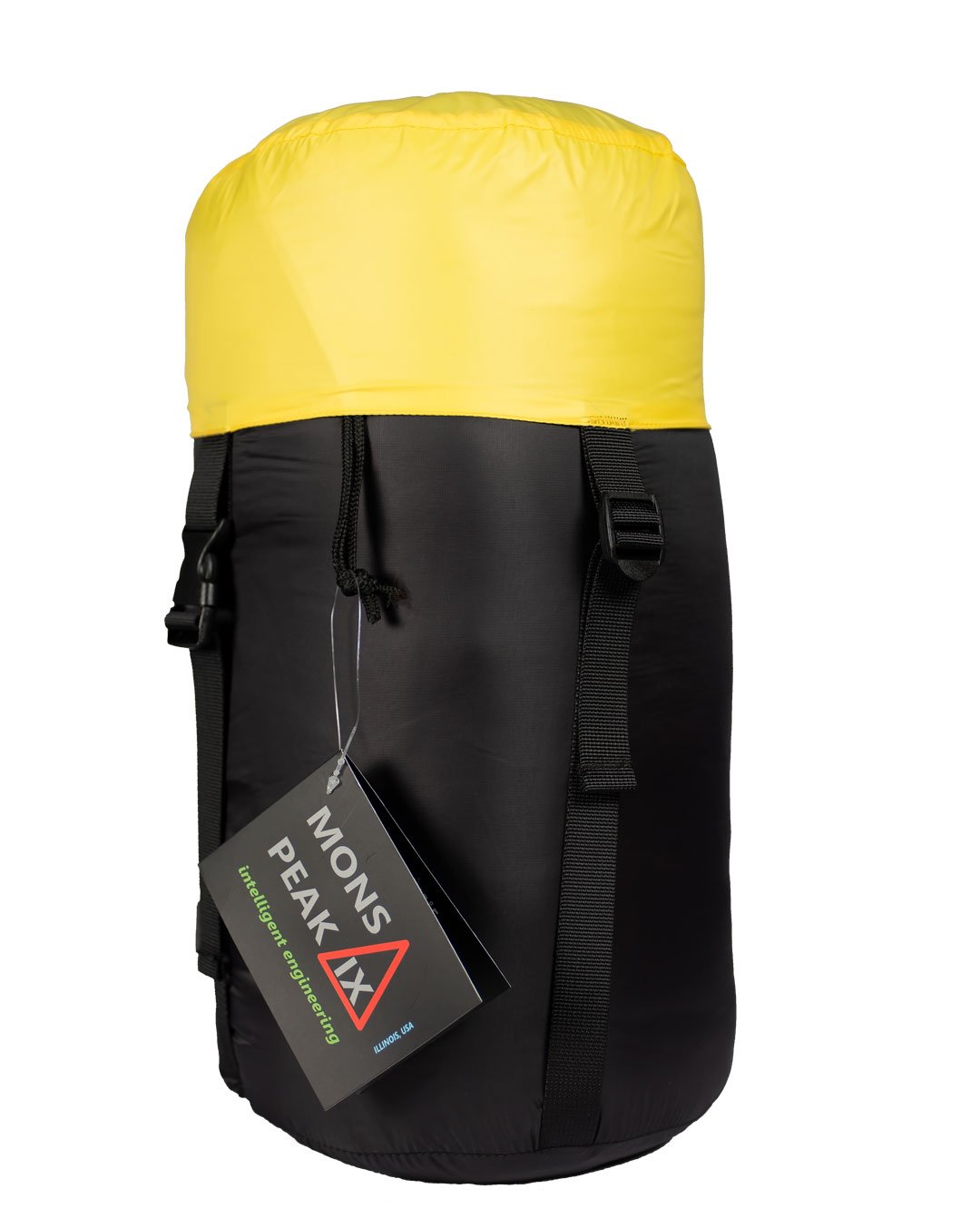 Settler 15 F sleeping bag displayed outdoors, showcasing its dual zippers, soft nylon fabric, and hood with cinch draw cords.