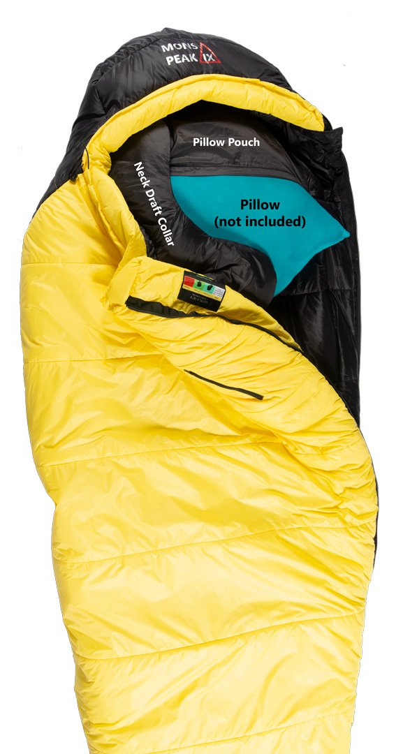 Settler 15 F sleeping bag displayed outdoors, showcasing its dual zippers, soft nylon fabric, and hood with cinch draw cords.