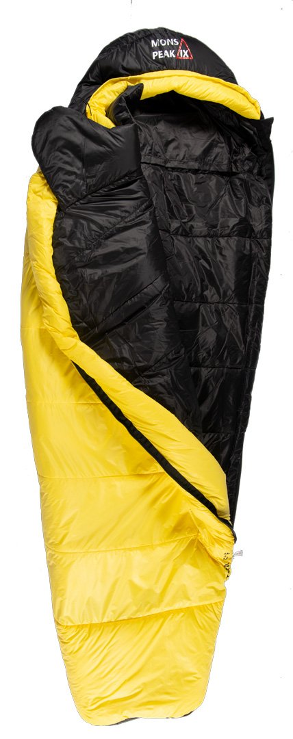 Settler 15 F sleeping bag displayed outdoors, showcasing its dual zippers, soft nylon fabric, and hood with cinch draw cords.