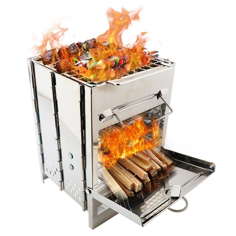 Square Wood Stove made of high-quality stainless steel, designed for outdoor cooking, camping, and BBQ, featuring a compact and portable design.