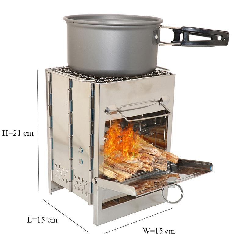 Square Wood Stove made of high-quality stainless steel, designed for outdoor cooking, camping, and BBQ, featuring a compact and portable design.