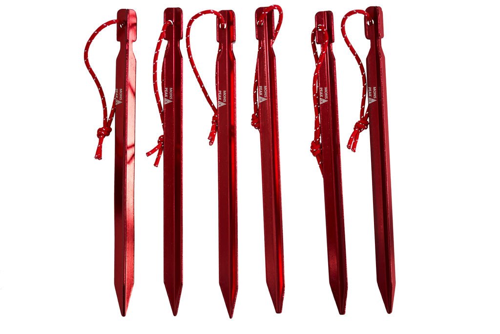 A pack of six Y HA 7075 Aluminum tent stakes with reflective pull cords, showcasing their lightweight and durable design.