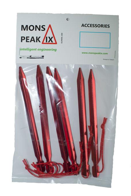 A pack of six Y HA 7075 Aluminum tent stakes with reflective pull cords, showcasing their lightweight and durable design.