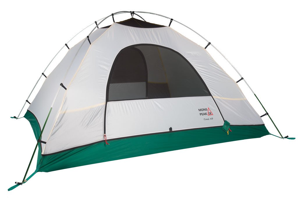 Trail 43 2-in-1 Backpacking Tent set up in a scenic outdoor location, showcasing its 3-person and 4-person configurations with vibrant green and yellow bases.