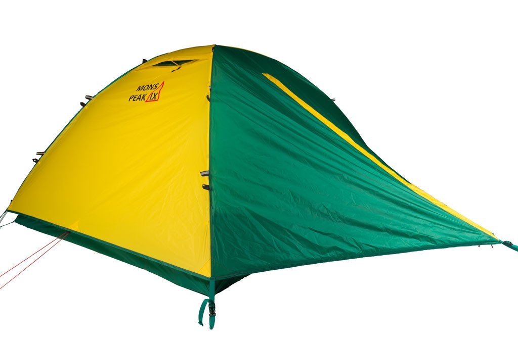 Trail 43 2-in-1 Backpacking Tent set up in a scenic outdoor location, showcasing its 3-person and 4-person configurations with vibrant green and yellow bases.