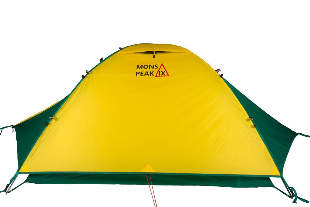 Trail 43 2-in-1 Backpacking Tent set up in a scenic outdoor location, showcasing its 3-person and 4-person configurations with vibrant green and yellow bases.