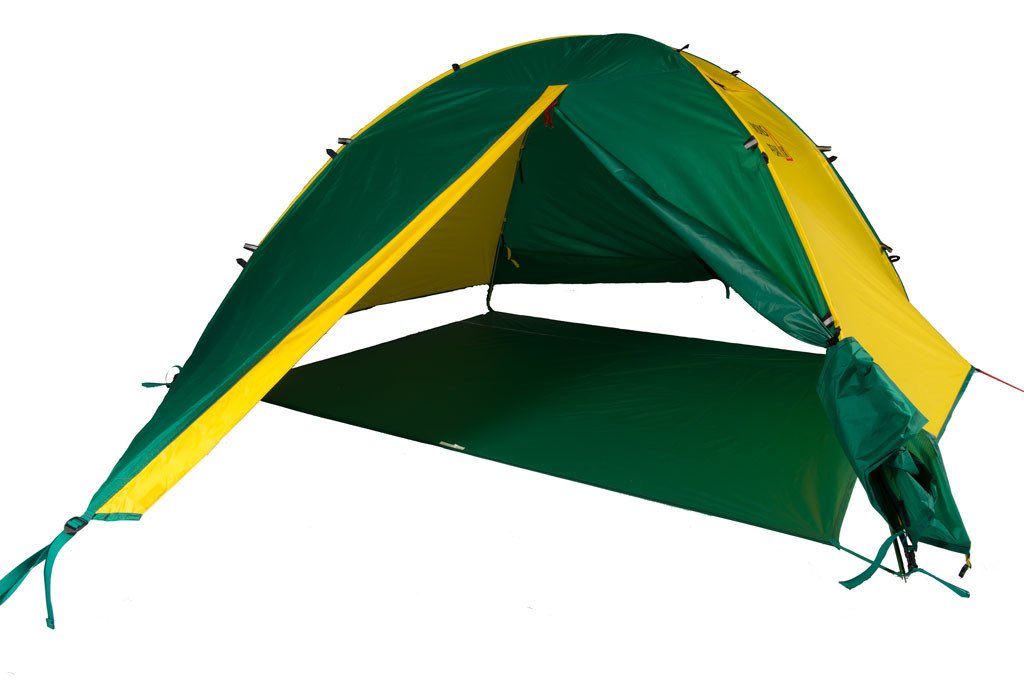 Trail 43 2-in-1 Backpacking Tent set up in a scenic outdoor location, showcasing its 3-person and 4-person configurations with vibrant green and yellow bases.