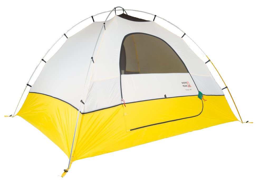 Trail 43 2-in-1 Backpacking Tent set up in a scenic outdoor location, showcasing its 3-person and 4-person configurations with vibrant green and yellow bases.