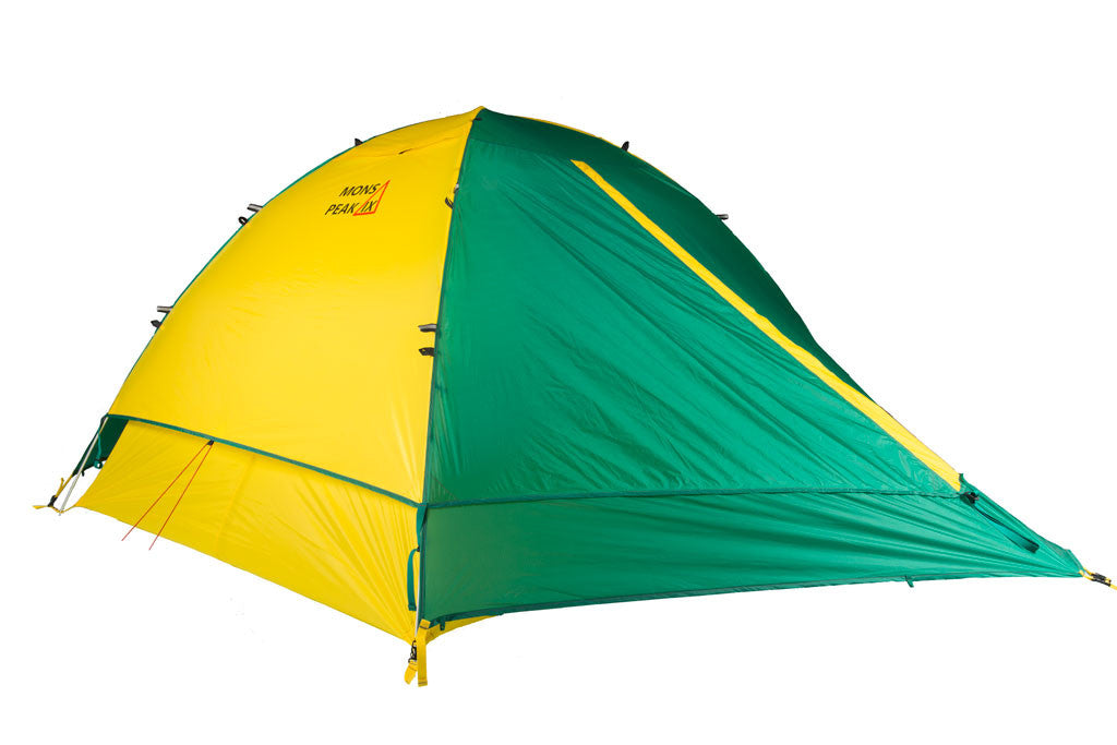 Trail 43 2-in-1 Backpacking Tent set up in a scenic outdoor location, showcasing its 3-person and 4-person configurations with vibrant green and yellow bases.