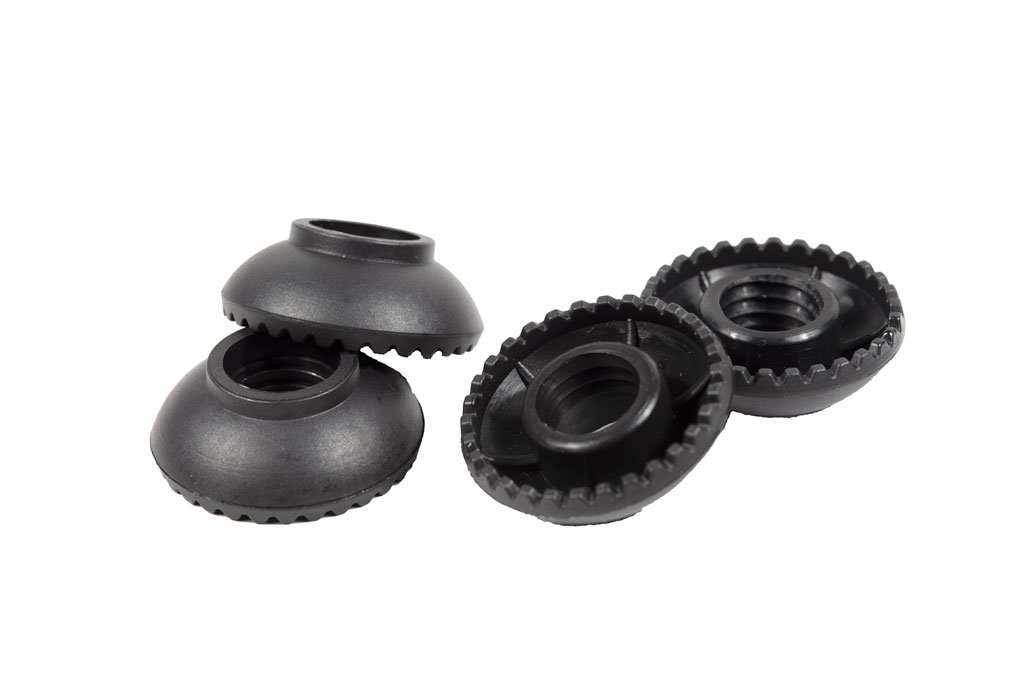 A set of four 37 mm trekking pole mud and snow baskets, designed for enhanced stability in challenging terrains, featuring a threaded tip for easy installation.