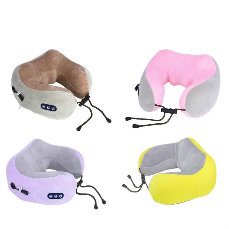 USB Charging U-shaped Massage Pillow with breathable goose down cover and memory sponge core, designed for kneading massage and hot compress therapy.