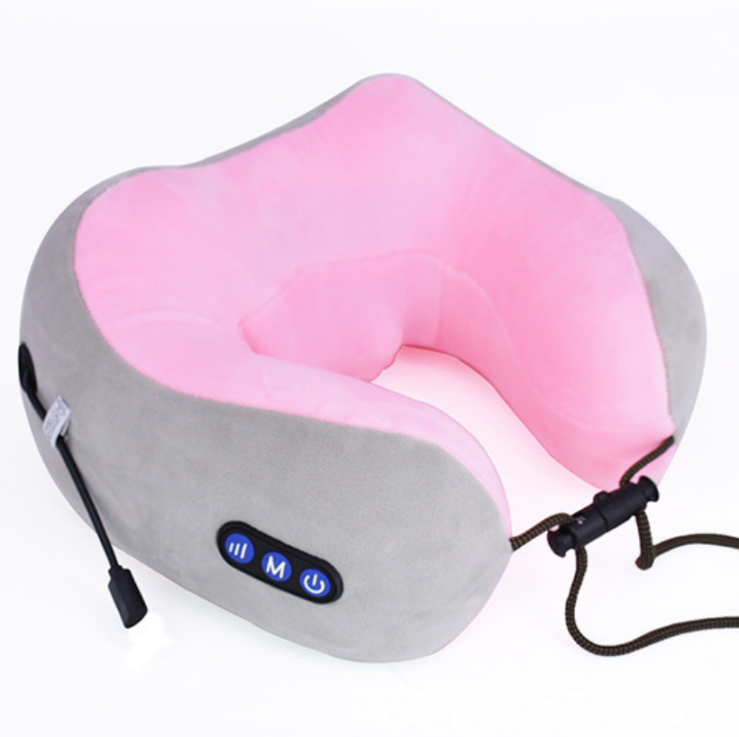 USB Charging U-shaped Massage Pillow with breathable goose down cover and memory sponge core, designed for kneading massage and hot compress therapy.