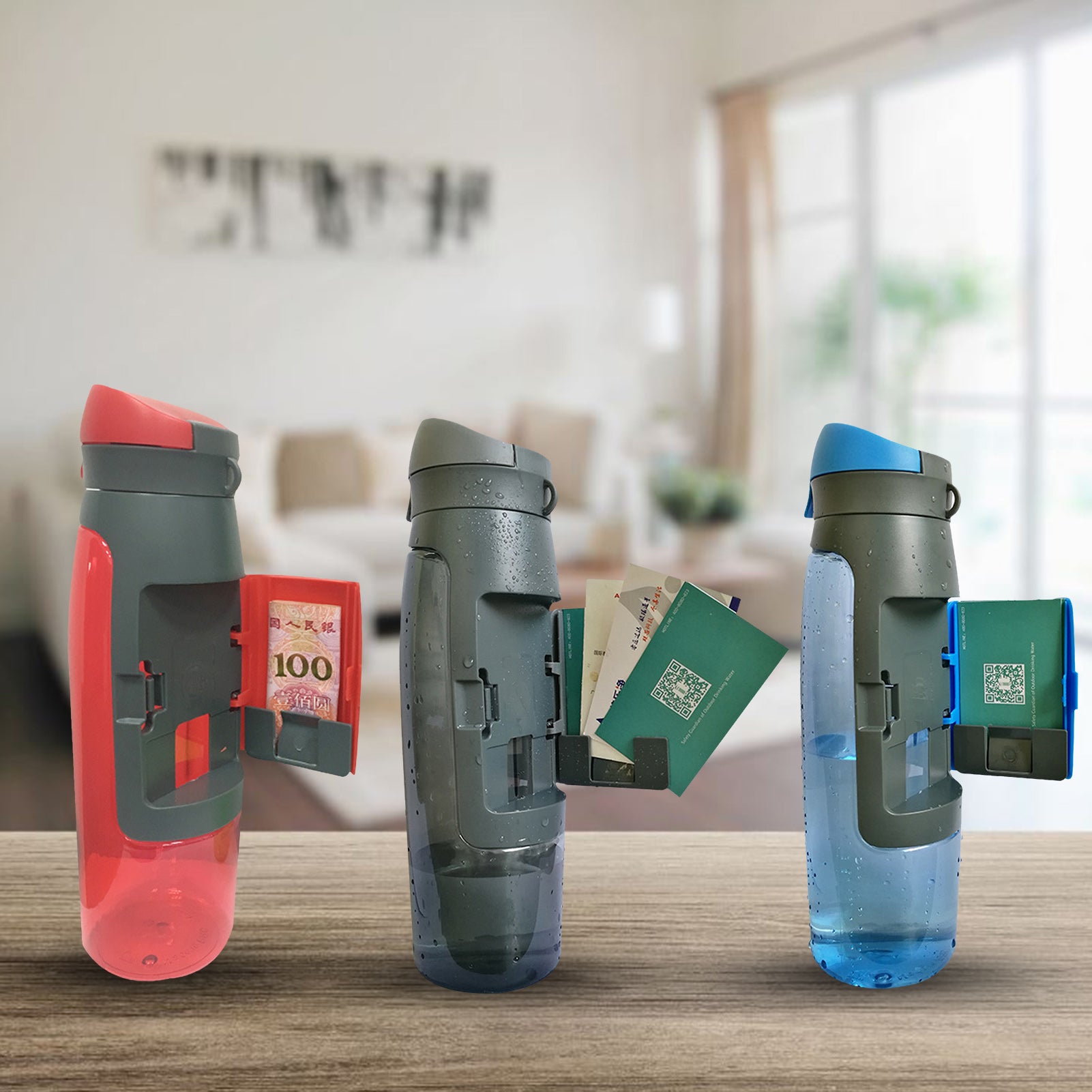 A sleek water bottle designed to look like a regular bottle, featuring a hidden compartment for storing valuables securely.