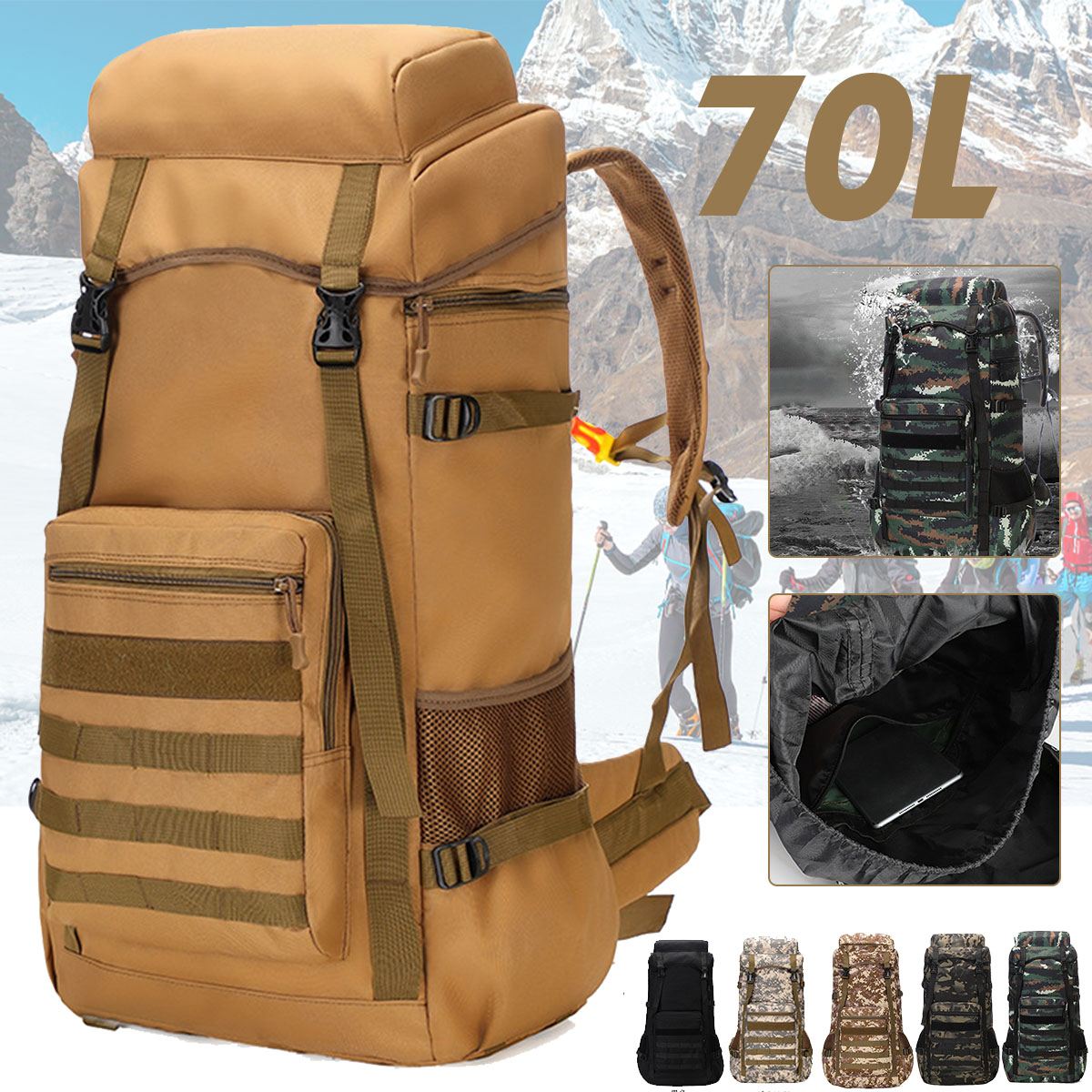 A large 70L waterproof military backpack designed for outdoor camping and hiking, featuring durable 600D Oxford cloth and ergonomic padded straps.