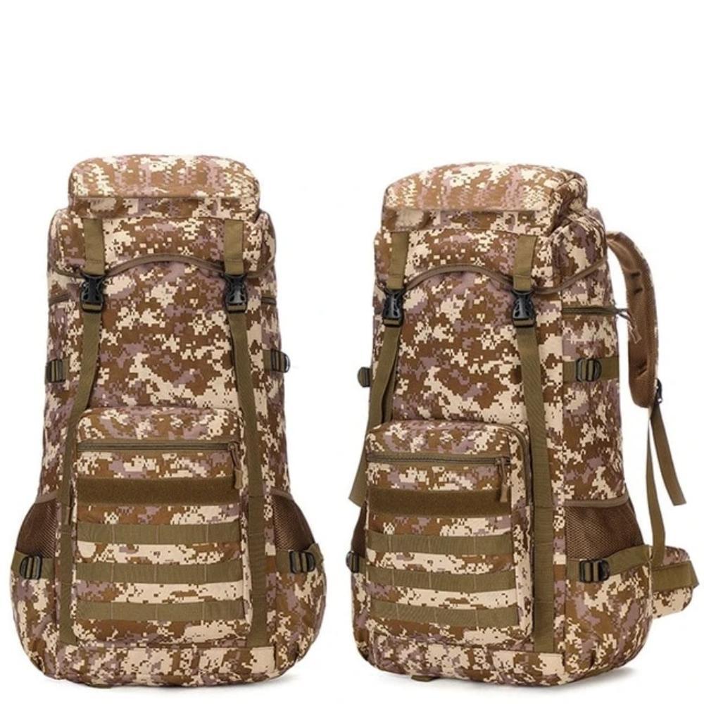 A large 70L waterproof military backpack designed for outdoor camping and hiking, featuring durable 600D Oxford cloth and ergonomic padded straps.