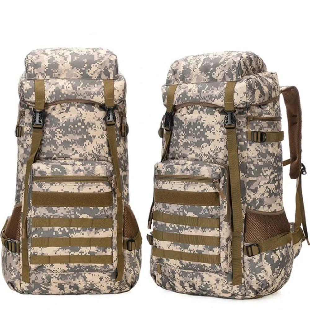 A large 70L waterproof military backpack designed for outdoor camping and hiking, featuring durable 600D Oxford cloth and ergonomic padded straps.