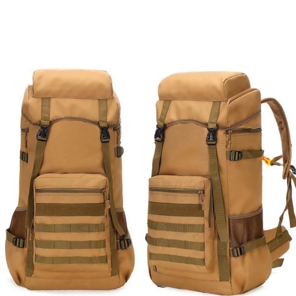 A large 70L waterproof military backpack designed for outdoor camping and hiking, featuring durable 600D Oxford cloth and ergonomic padded straps.