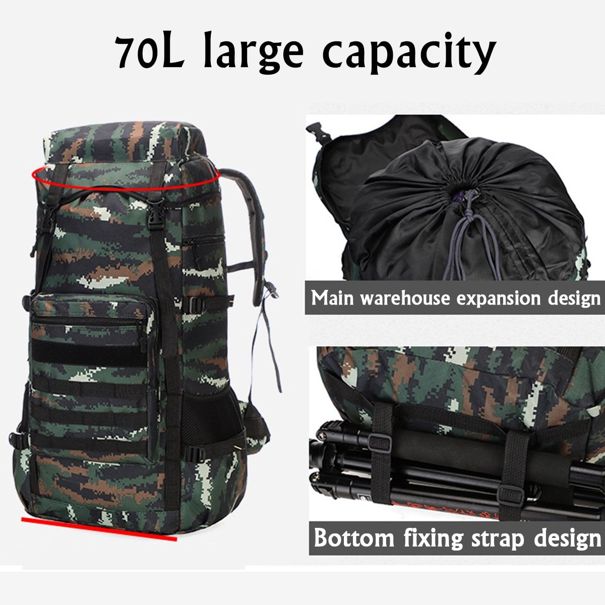 A large 70L waterproof military backpack designed for outdoor camping and hiking, featuring durable 600D Oxford cloth and ergonomic padded straps.