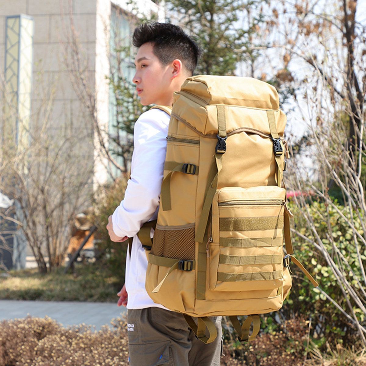 A large 70L waterproof military backpack designed for outdoor camping and hiking, featuring durable 600D Oxford cloth and ergonomic padded straps.