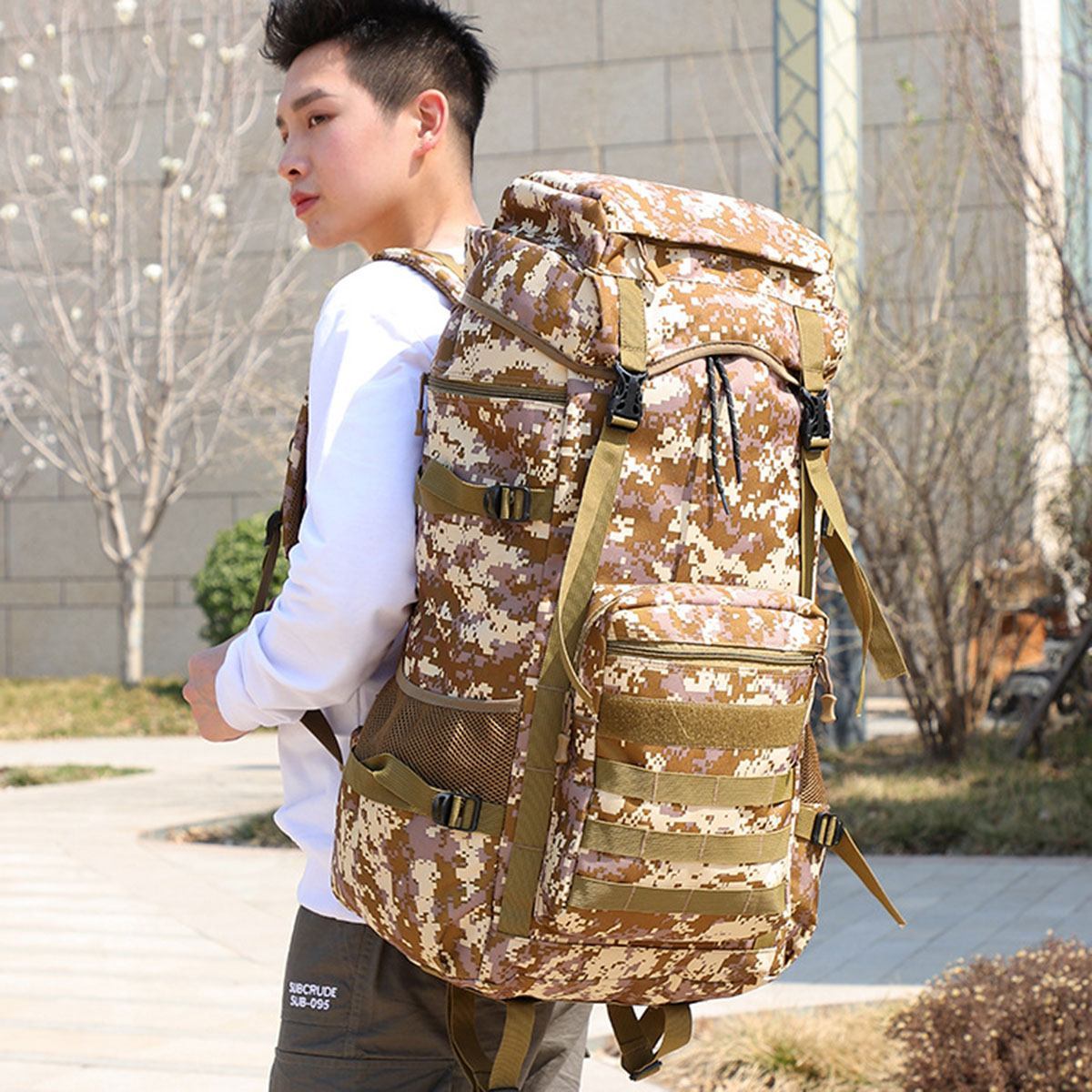 A large 70L waterproof military backpack designed for outdoor camping and hiking, featuring durable 600D Oxford cloth and ergonomic padded straps.