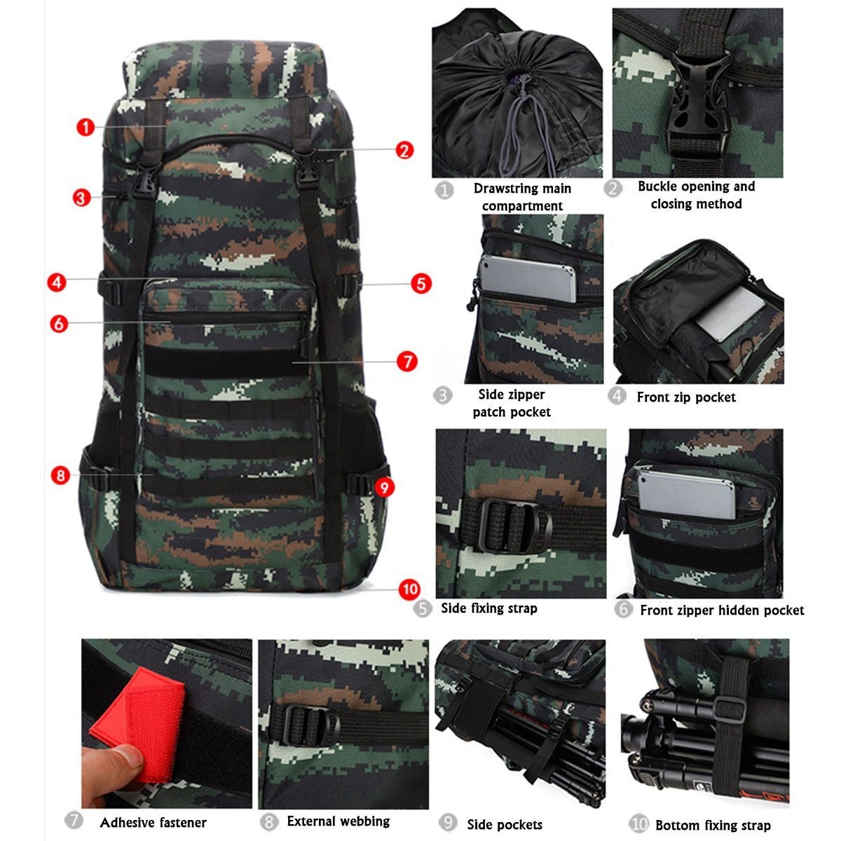 A large 70L waterproof military backpack designed for outdoor camping and hiking, featuring durable 600D Oxford cloth and ergonomic padded straps.