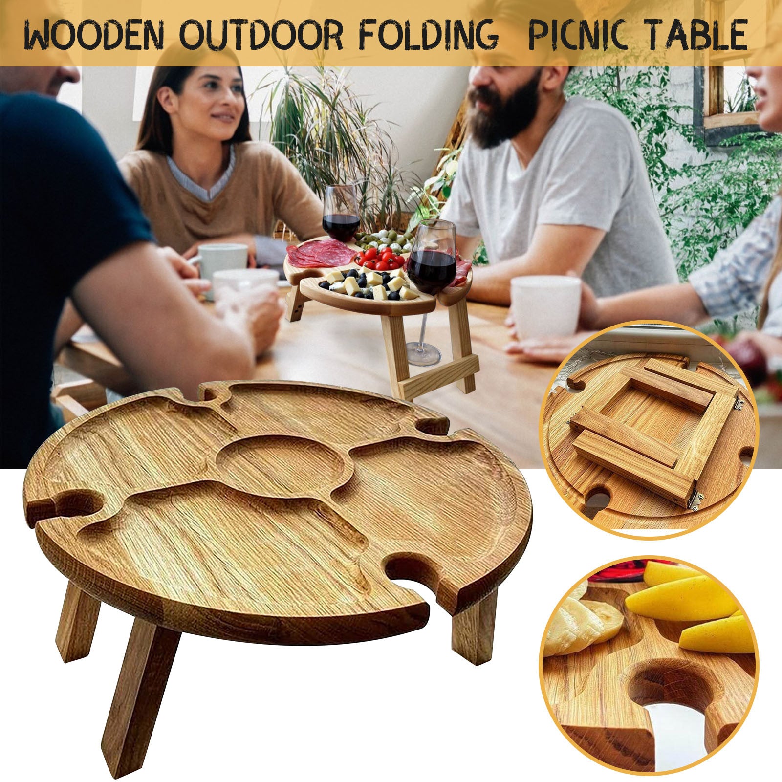 Wooden outdoor folding picnic table with glass holder, showcasing its modern design and functionality for outdoor dining.