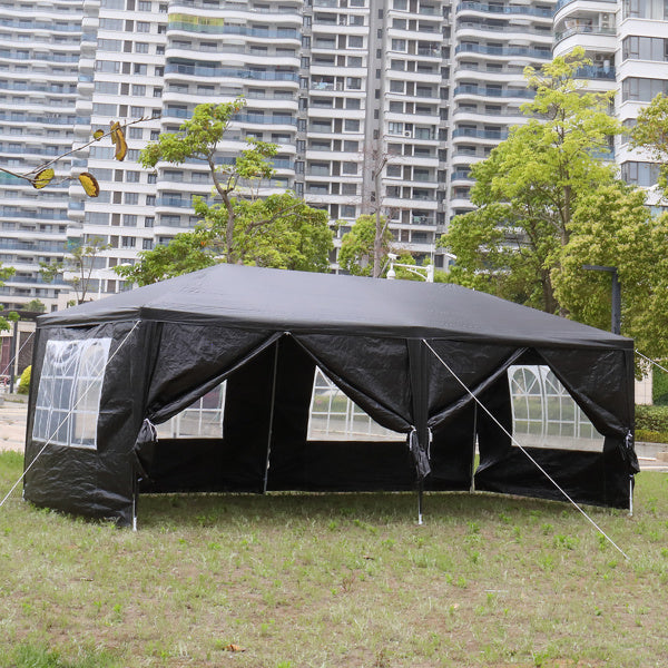 10'x20' outdoor party tent with 6 removable sidewalls, featuring clear windows and a durable black PE cloth design.