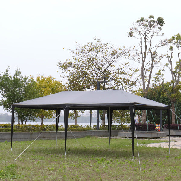 10'x20' outdoor party tent with 6 removable sidewalls, featuring clear windows and a durable black PE cloth design.