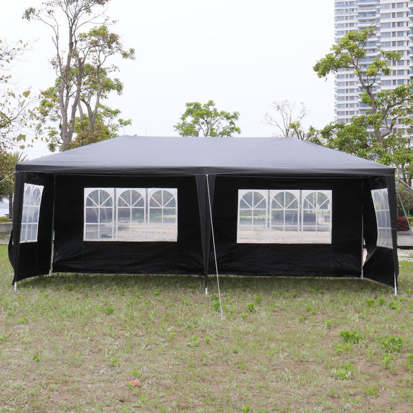 10'x20' outdoor party tent with 6 removable sidewalls, featuring clear windows and a durable black PE cloth design.