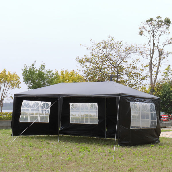 10'x20' outdoor party tent with 6 removable sidewalls, featuring clear windows and a durable black PE cloth design.