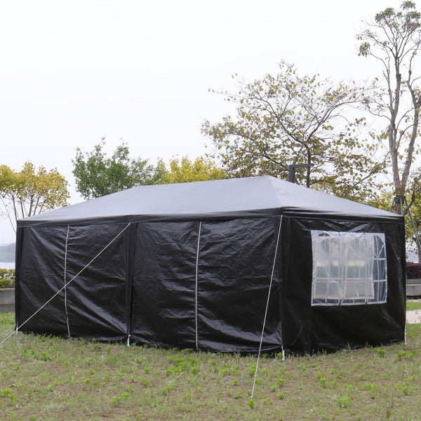 10'x20' outdoor party tent with 6 removable sidewalls, featuring clear windows and a durable black PE cloth design.