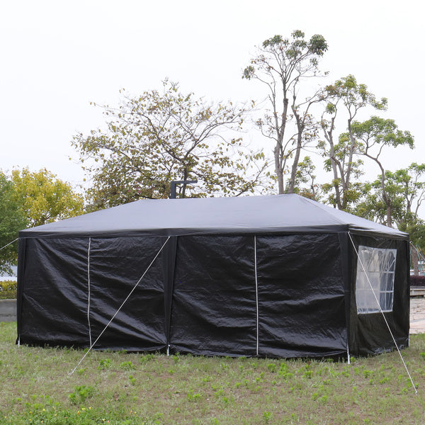 10'x20' outdoor party tent with 6 removable sidewalls, featuring clear windows and a durable black PE cloth design.