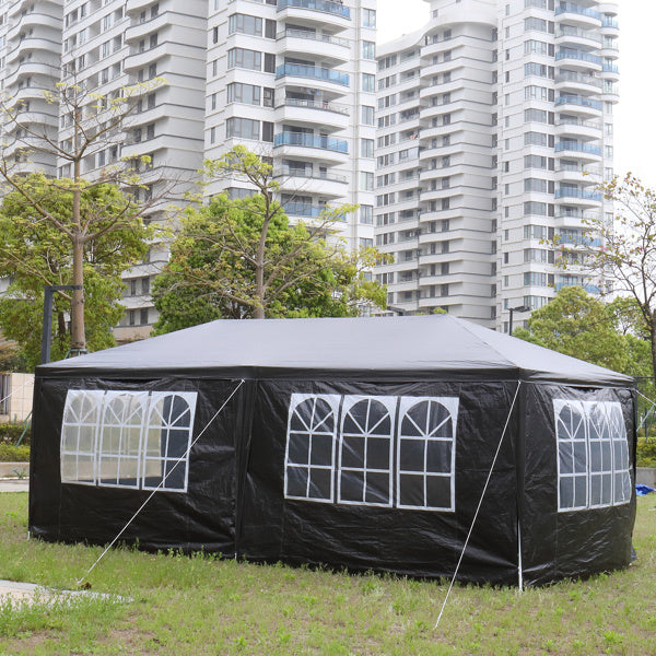 10'x20' outdoor party tent with 6 removable sidewalls, featuring clear windows and a durable black PE cloth design.