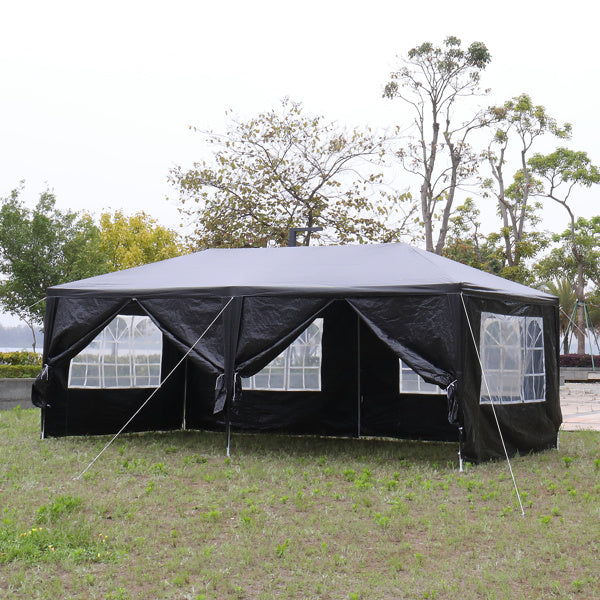 10'x20' outdoor party tent with 6 removable sidewalls, featuring clear windows and a durable black PE cloth design.