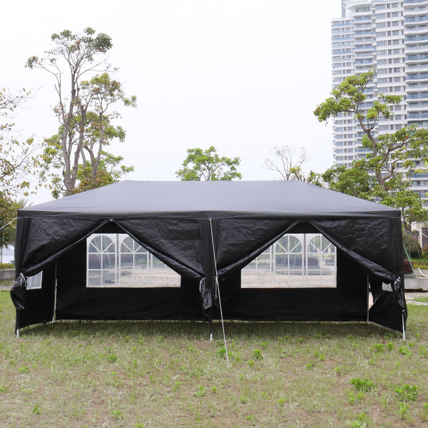 10'x20' outdoor party tent with 6 removable sidewalls, featuring clear windows and a durable black PE cloth design.