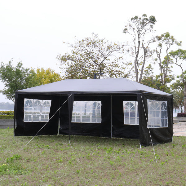 10'x20' outdoor party tent with 6 removable sidewalls, featuring clear windows and a durable black PE cloth design.