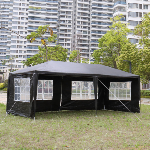 10'x20' outdoor party tent with 6 removable sidewalls, featuring clear windows and a durable black PE cloth design.