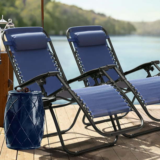 Two blue patio zero gravity chairs with adjustable recline, made of durable Textilene fabric, perfect for outdoor lounging.