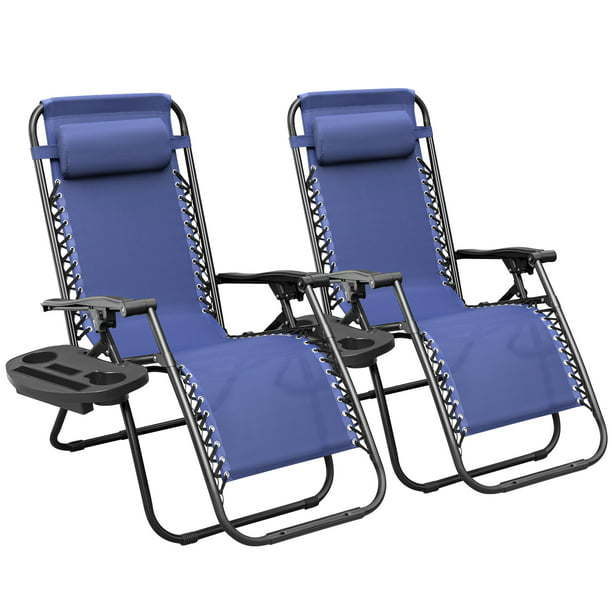 Two blue patio zero gravity chairs with adjustable recline, made of durable Textilene fabric, perfect for outdoor lounging.