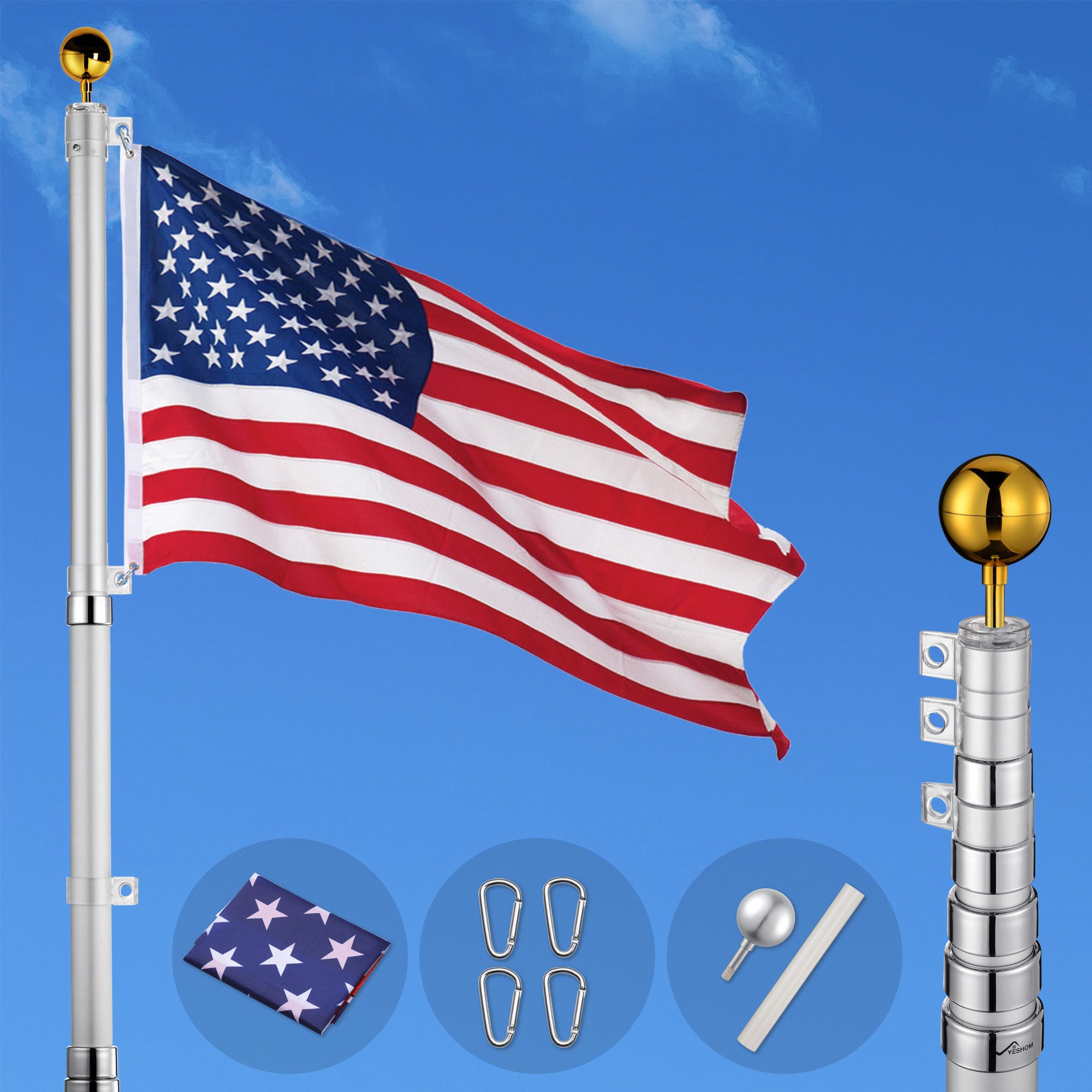 30 ft aluminum flag pole with US flag and decorative finials, showcasing its sturdy design and height.