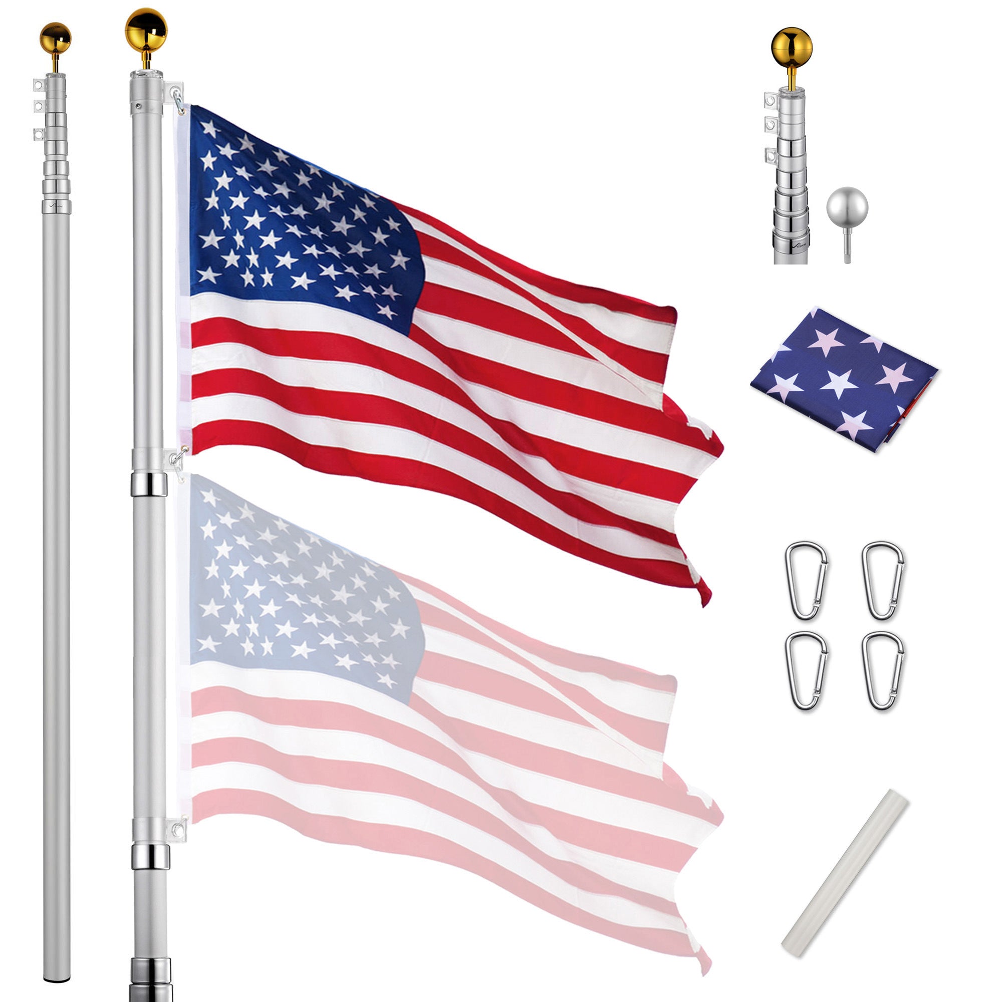 30 ft aluminum flag pole with US flag and decorative finials, showcasing its sturdy design and height.