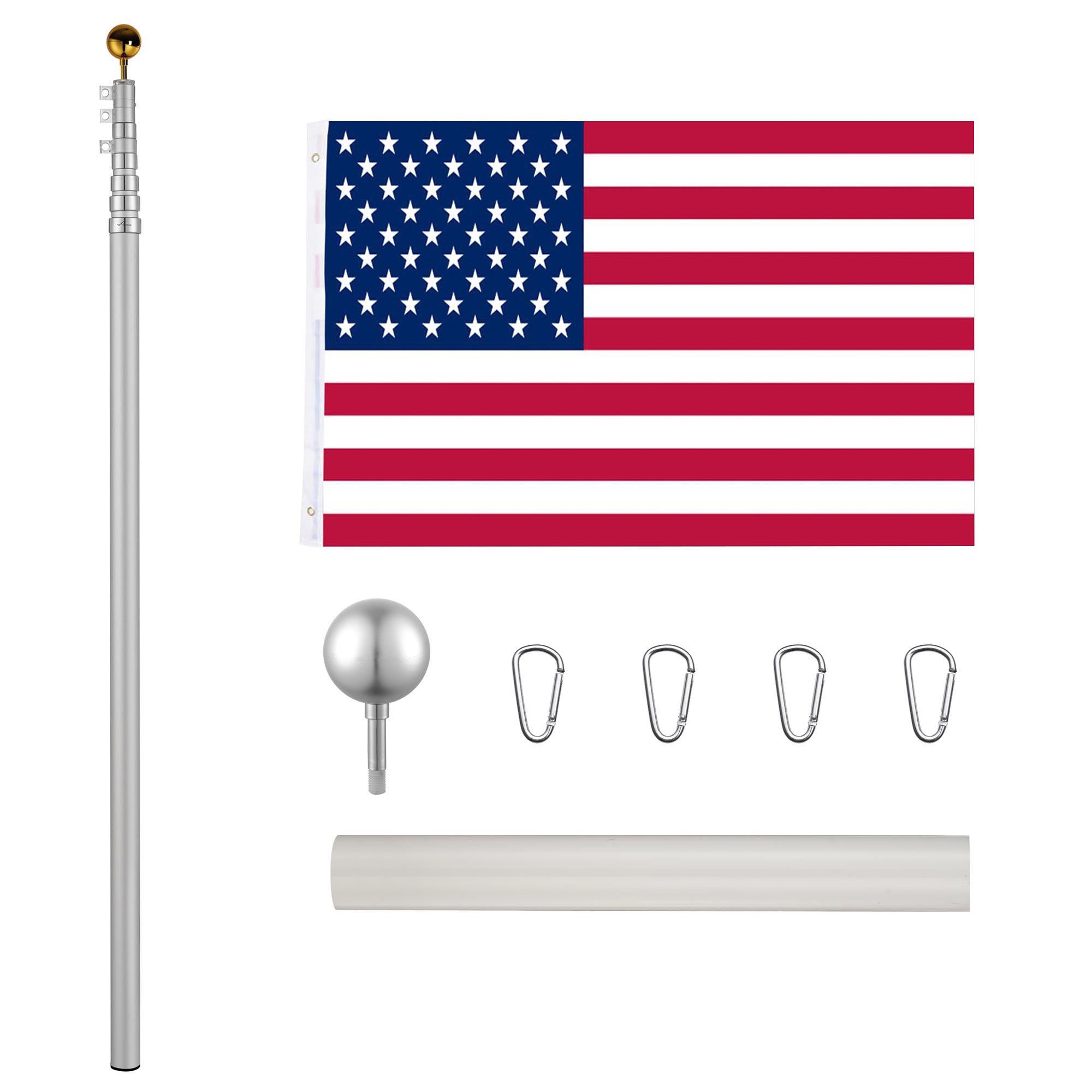 30 ft aluminum flag pole with US flag and decorative finials, showcasing its sturdy design and height.