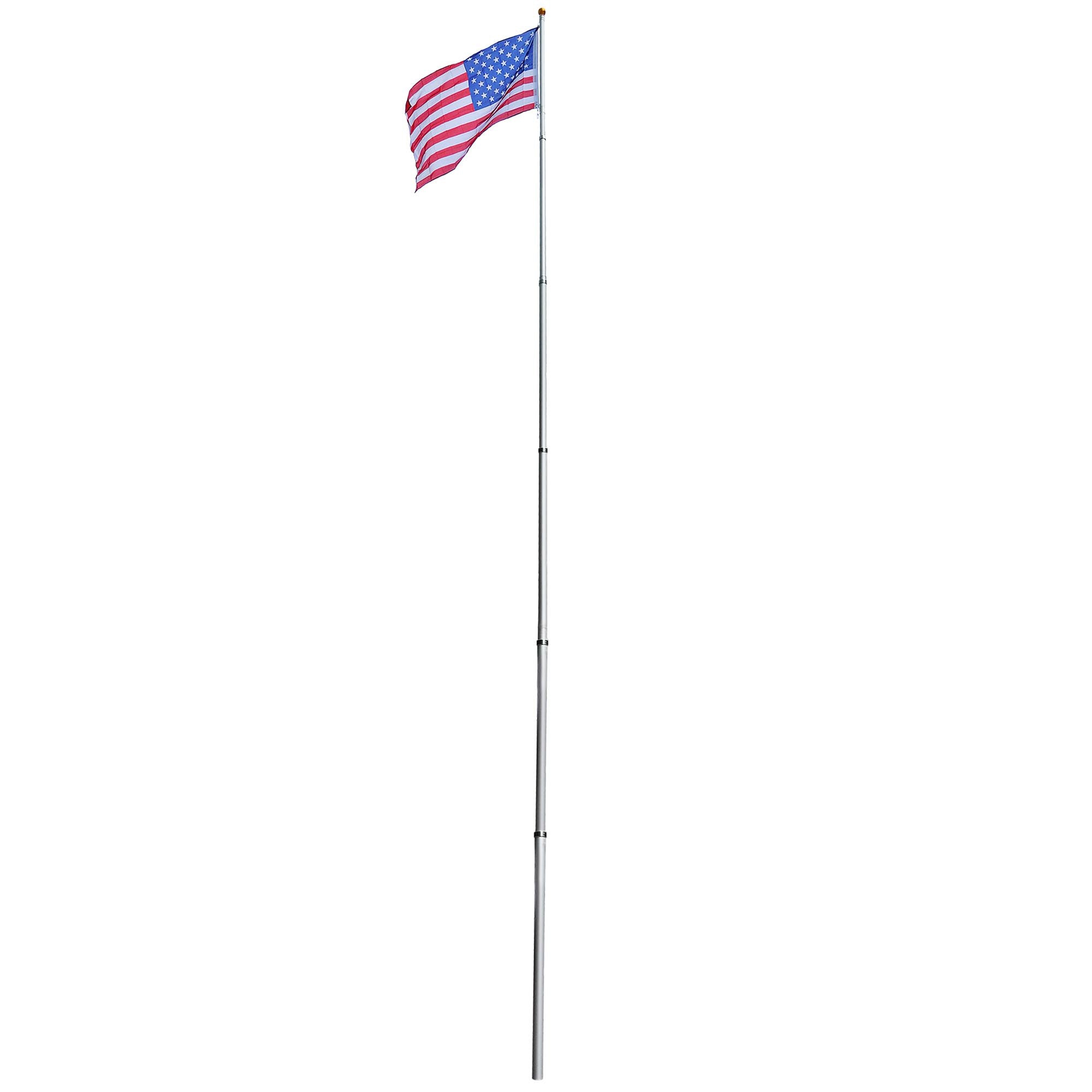 30 ft aluminum flag pole with US flag and decorative finials, showcasing its sturdy design and height.