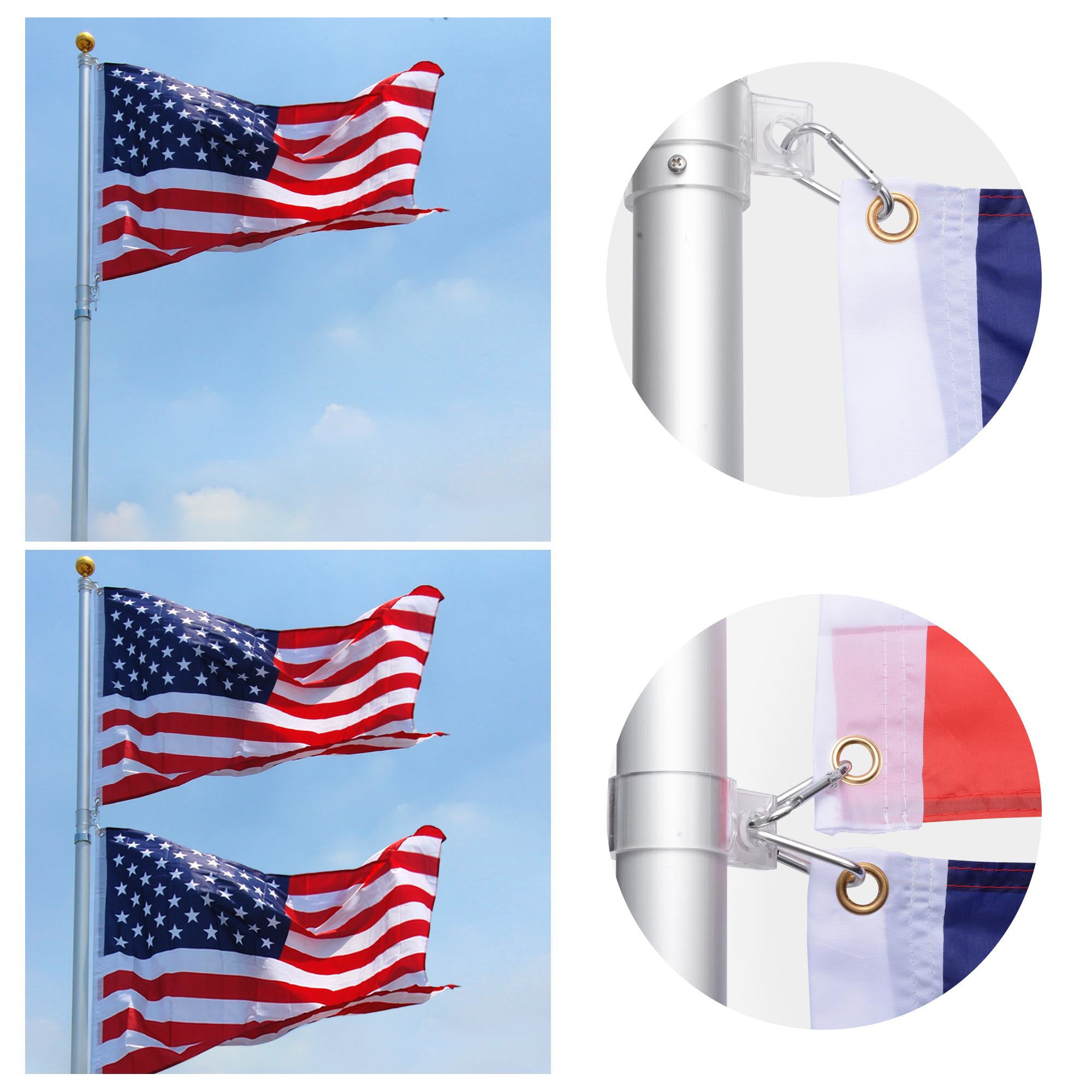 30 ft aluminum flag pole with US flag and decorative finials, showcasing its sturdy design and height.