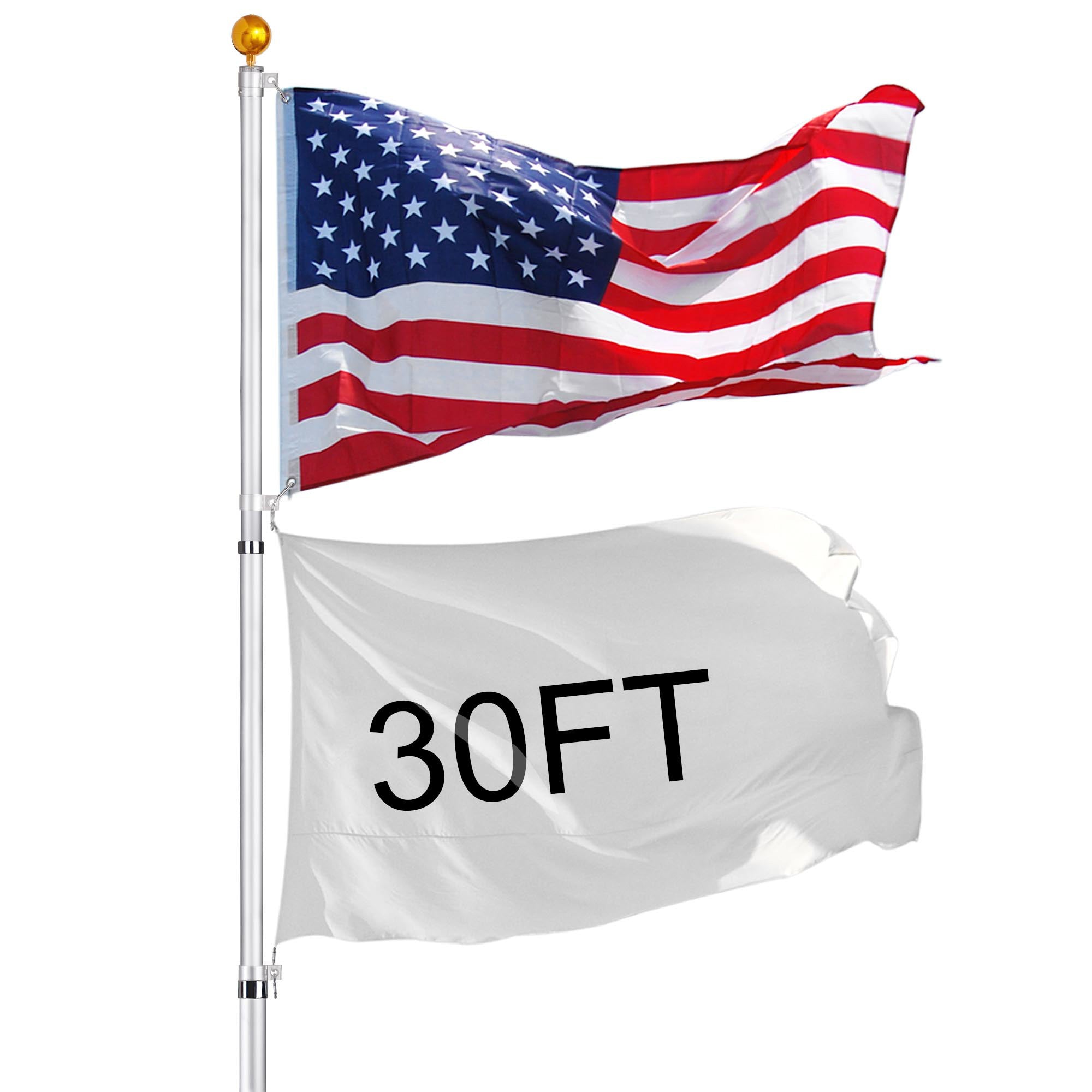 30 ft aluminum flag pole with US flag and decorative finials, showcasing its sturdy design and height.