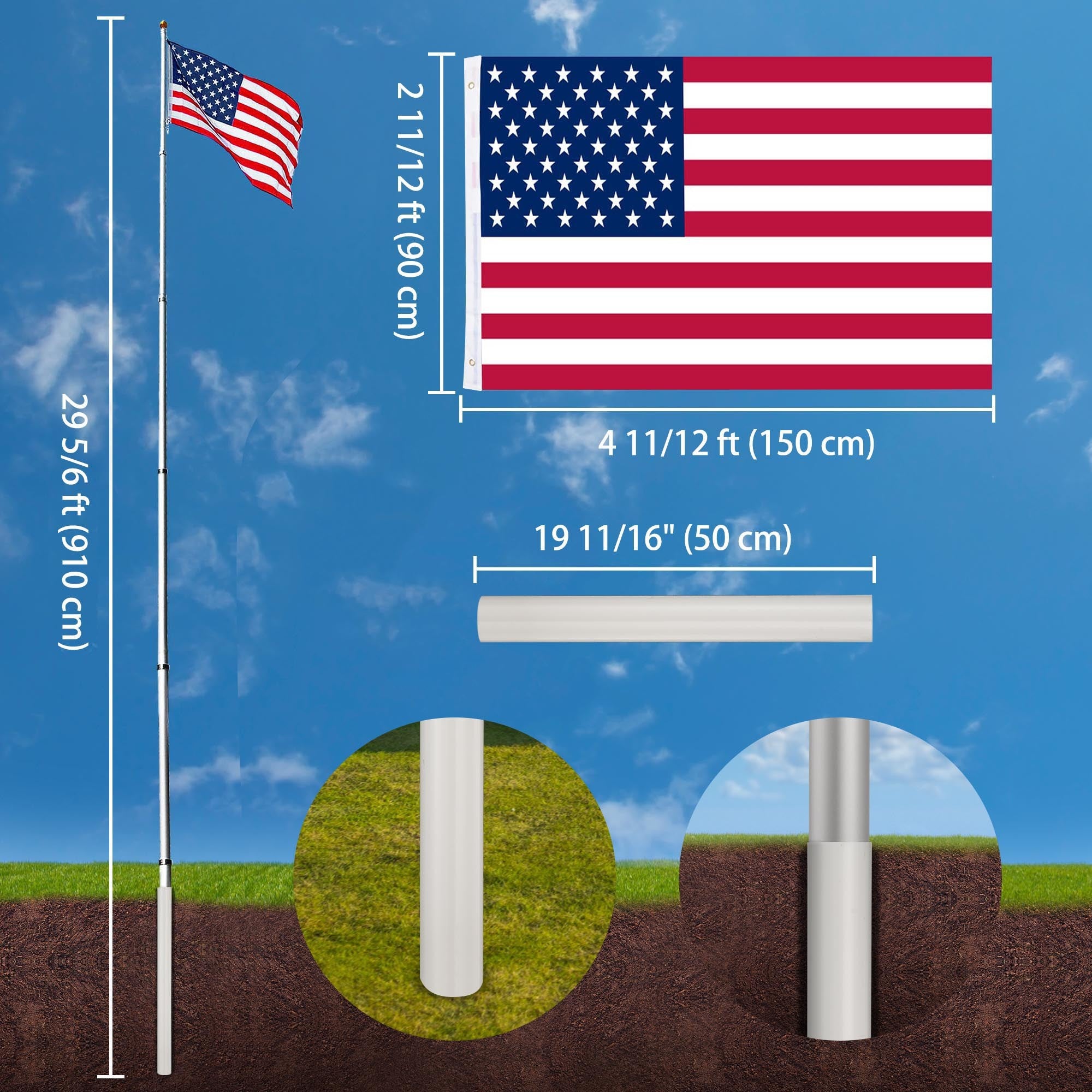 30 ft aluminum flag pole with US flag and decorative finials, showcasing its sturdy design and height.