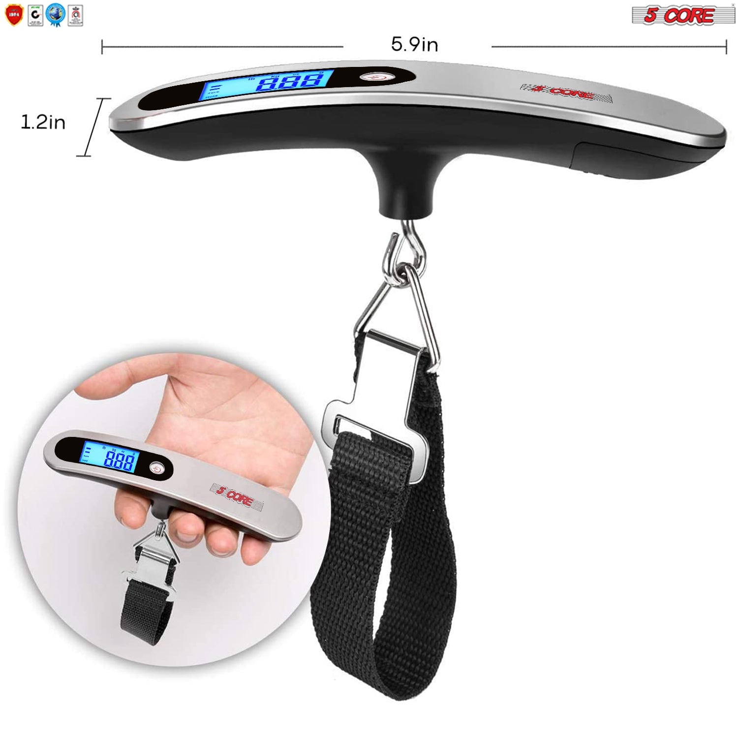 5 Core Luggage Scale with a digital display, sturdy hook, and ergonomic design for easy luggage weighing.