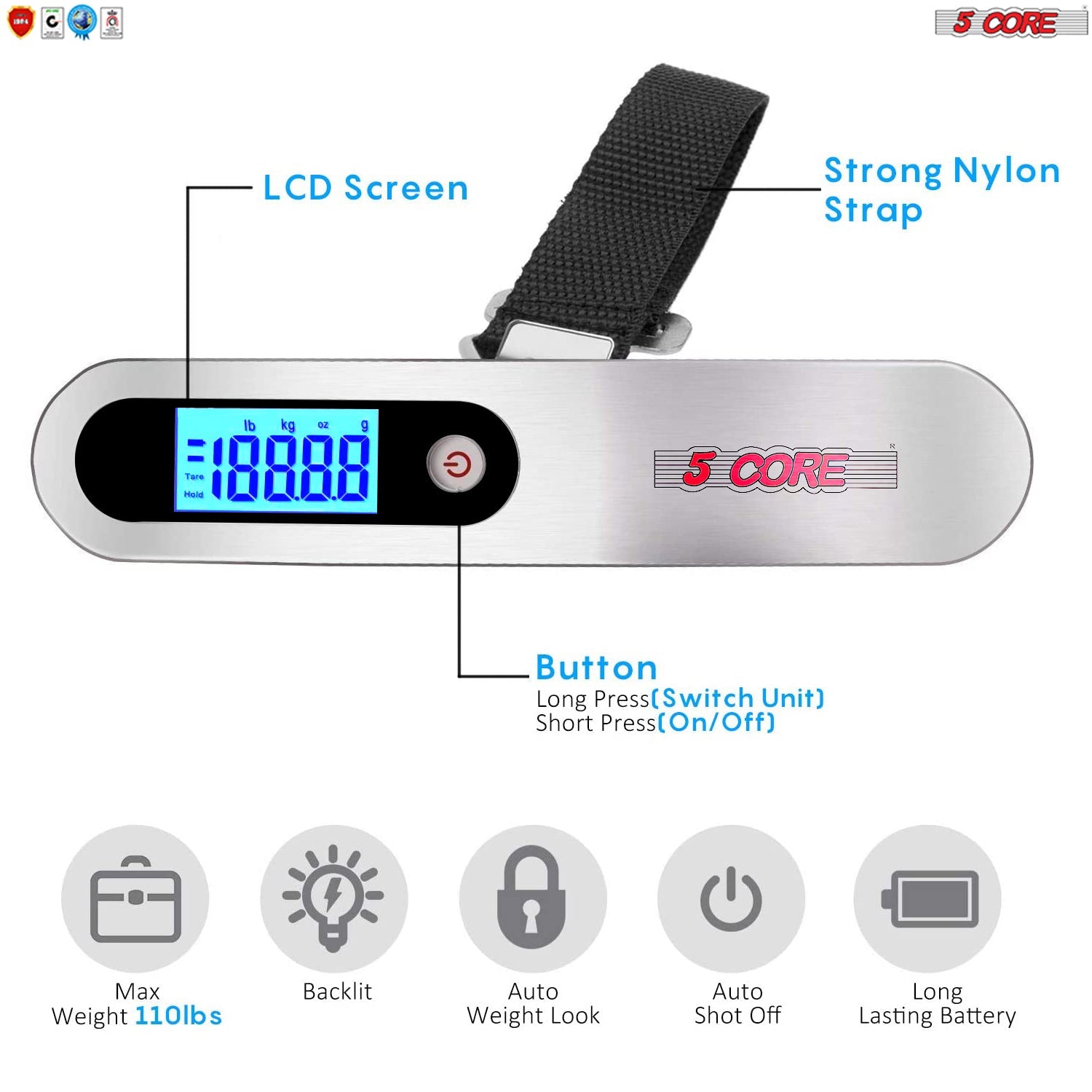 5 Core Luggage Scale with a digital display, sturdy hook, and ergonomic design for easy luggage weighing.